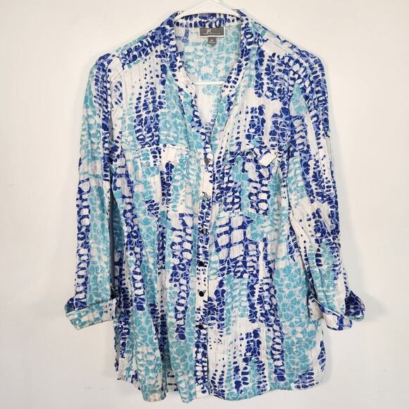 JM Collection Linen Multicolor Button Down Relaxed Shirt Lagenlook Coastal 10 - Picture 1 of 10